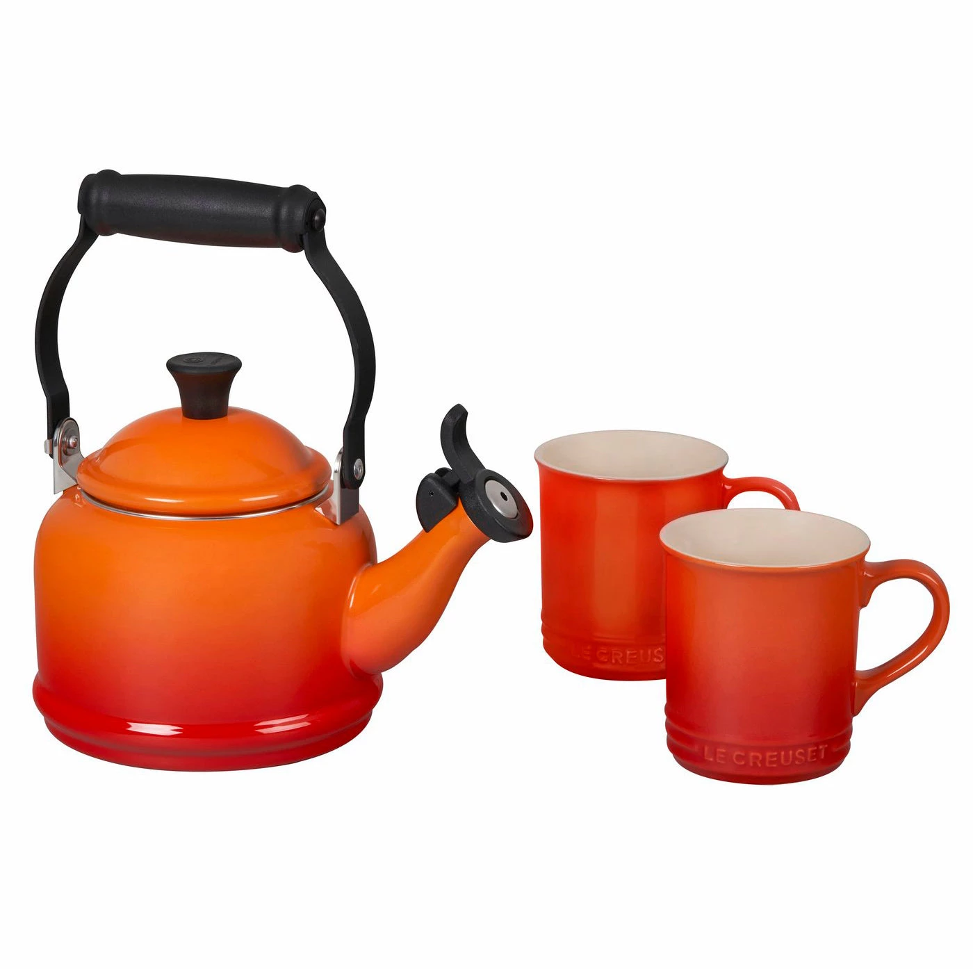 Le Creuset 1.25 Qt. Demi Kettle & (2) 14 Oz. Mug Set - Flame 3 Le Creuset 1.25 Qt. Demi Kettle & (2) 14 Oz. Mug Set - Flame