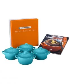 Le Creuset Set Of 4 Mini Cocottes With Mini-Cocotte Cookbook (8 Oz. Each) - Caribbean Ramekins & Souffles